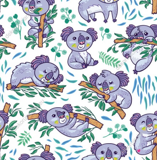 Wzornik tapey na ścianę do pokoju dziecięcego o tematyce zwierzęcej. Tapeta w misie koala na białym tle. Misie śpią na gałęziach i jedzą liście eukaliptusa.