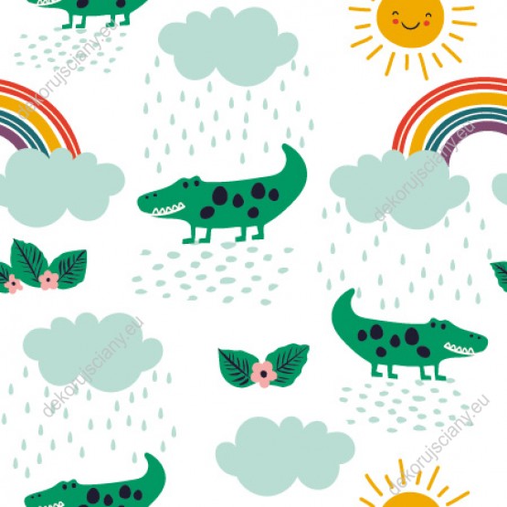Wizualizacja tapety na ścianę do pokoju dziecięcego. Tapeta przedstawia zielone krokodyle, chmury i deszcz, kolorową tęczę i słońce, na białym tle.