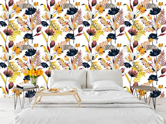Wizualizacja tapety na ścianę do sypialni, salonu, pokoju dziennego. Tapeta w kolorowe liście i kwiaty, na białym tle.