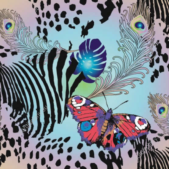 Wizualizacja tapety do salonu, przedpokoju lub sypialni. Tapeta przedstawia pawie pióra i czerwone motyle z kolorowymi wzorami na skrzydłach, na niebiesko-różowym tle w abstrakcyjne wzory.