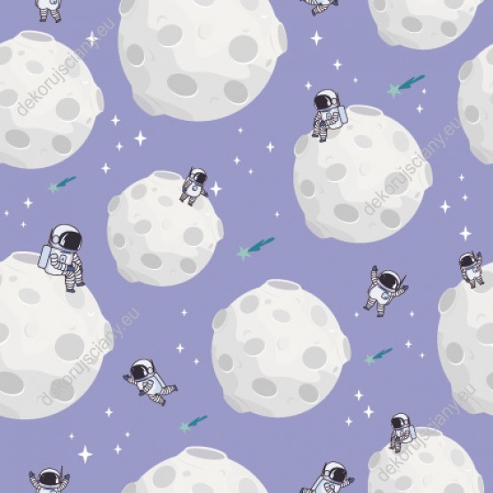 Wizualizacja tapety do pokoju dziecięcego o tematyce kosmicznej. Tapeta przedstawia astronautę w białym kombinezonie, na jasnym księżycu, na fioletowym tle.