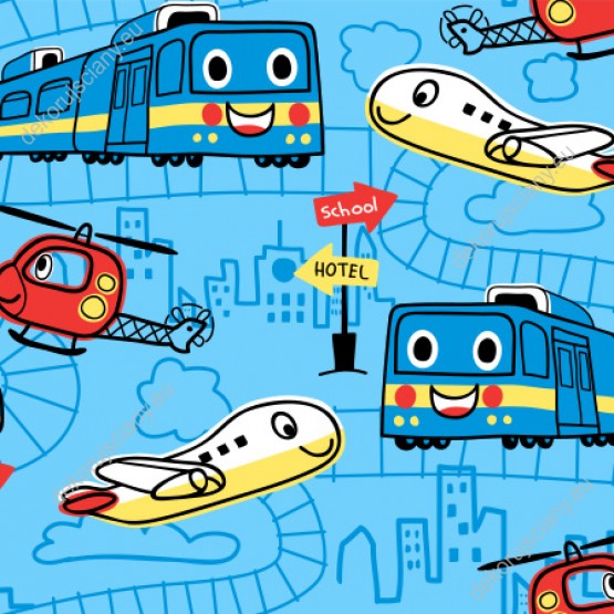 Wizualizacja tapety przeznaczonej do pokoju dziecięcego ze środkami transportu. Tapera przedstawia niebieskie pociągi, żółte samoloty i czerwone helikoptery, na niebieskim tle.