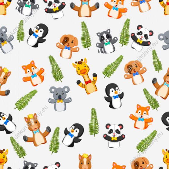 Wizualizacja tapety przeznaczonej do pokoju dziecięcego ze zwierzętami. Tapeta w małe, kolorowe zwierzęta: pingwiny, żyrafy, misie panda, psy, lisy, szopy, konie, misie koala, na szarym tle.