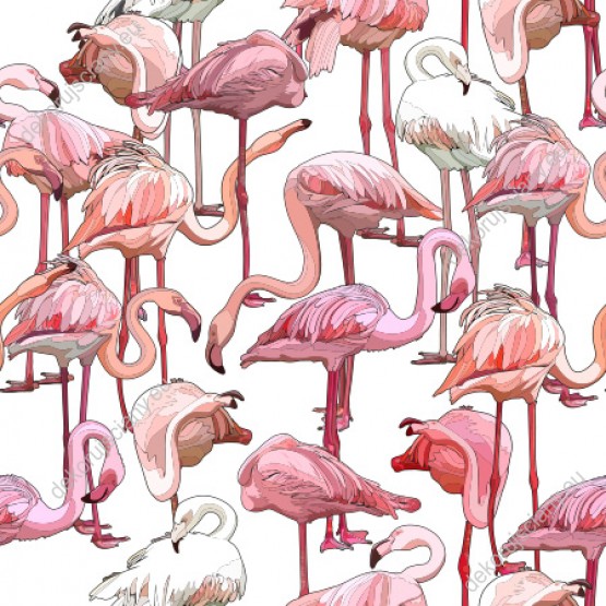 Wizualizacja tapety na ścianę do pokoju dziecięcego, młodzieżowego, dziennego, sypialni, salonu, przedpokoju, biura, w ptaki. Tapeta w różowe i białe flamingi, na białym tle.