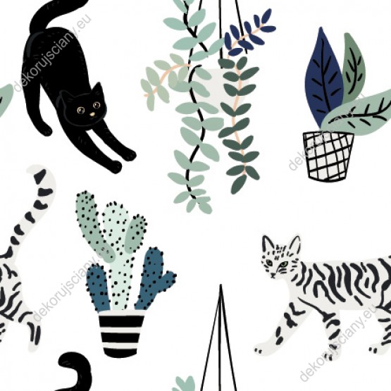 Wizualizacja tapety do każdego pokoju, ze zwierzętami i kwiatami. Tapeta w w koty i zielone rośliny w doniczkach, na białym tle.