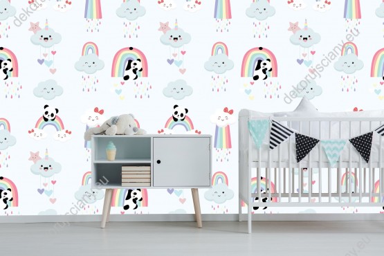 Wizualizacja tapety przeznaczonej do pokoju dziecięcego. Tapeta w wesołe chmurki, śpiące misie panda i tęcze, na szarym tle.
