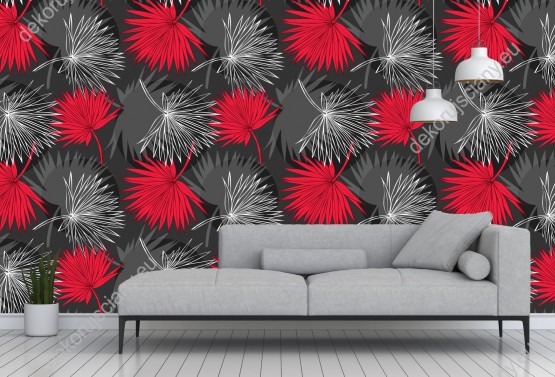 Wizualizacja tapety do sypialni, salonu, przedpokoju, gabinetu, biura. Tapeta na ciemnoszarym tle przedstawiająca abstrakcyjne liście egzotycznych roślin z dżungli, w kolorach czerwonym i szarym, oraz białe obrysy.