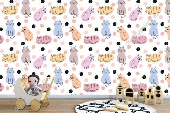 Wizualizacja tapety na ścianę do pokoju dziecięcego. Tapeta w kolorowe, odpoczywające kotki, na białym tle.