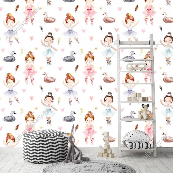 Wizualizacja tapety na ścianę do pokoju dziecięcego. Tapeta przedstawia tańczące dziewczynki z szarymi kaczkami, na białym tle.