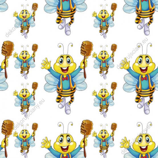 Wizualizacja tapety na ścianę do pokoju dziecięcego w wesołe pszczoły. Kolorowe pszczoły lecą z miodem, na białym tle.