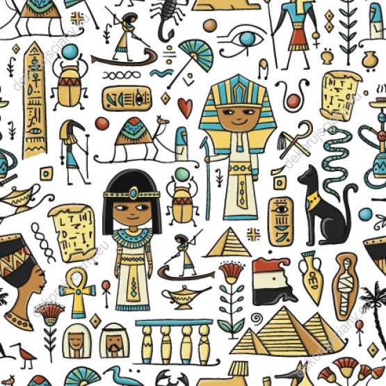 Wizualizacja tapety na ścianę do pokoju dziecięcego przedstawiająca podróż do Egiptu. Na tapecie umieszczone są wzory i symbole egipskie w kolorze żółtym, morskim, czerwonym i czarnym.