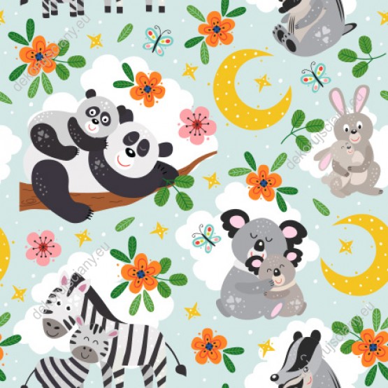 Wizualizacja tapety na ścianę do pokoju dziecięcego o tematyce zwierzęcej. Tapeta w śpiące misie koala, zebry, misie panda, króliki i borsuki, na zielonym tle.