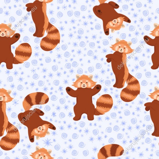 Wizualizacja tapety na ścianę do pokoju dziecięcego przedstawiająca zwierzęta. Tapeta w uśmiechnięte pandy czerwone, na fioletowym tle.