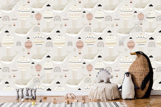 Wizualizacja tapety na ścianę do pokoju dziecięcego. Tapeta w śpiące wieloryby, unoszone przez latające balony, na beżowym tle.