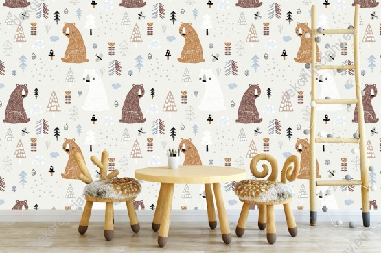 Wizualizacja tapety na ścianę do pokoju dziecięcego ze zwierzętami. Tapeta przedstawia niedźwiedzie brązowe i polarne w scenerii lasu, delikatne, szare tło.
