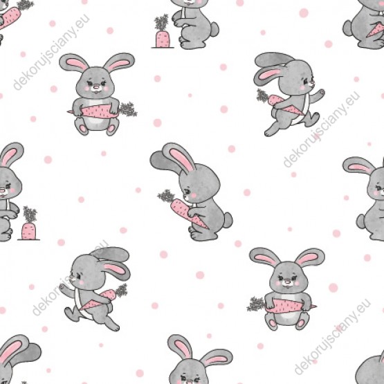 Wizualizacja tapety na ścianę do pokoju dziecięcego ze zwierzętami. Tapeta w szare króliczki trzymające marchewki, na białym tle.