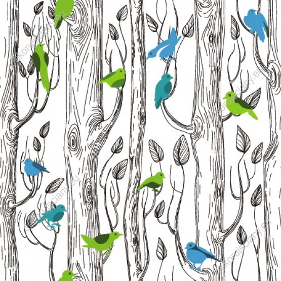 Wizualizacja tapety do pokoju dziennego, dziecięcego, młodzieżowego, sypialni, salonu, przedpokoju, biura. Zielone i niebieskie ptaki na drzewach brzozy.