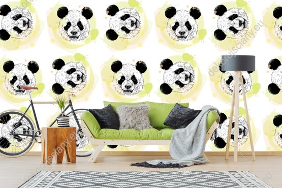 Wizualizacja tapety na ścianę do pokoju dziecięcego lub młodzieżowego. Na tapecie królują misie panda, na białym tle.