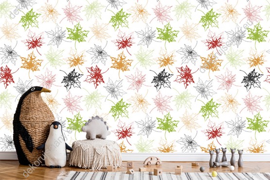 Wizualizacja tapety na ścianę do pokoju dziennego, dziecięcego, sypialni. Tapeta w kolorowe klonowe liście, na białym tle.
