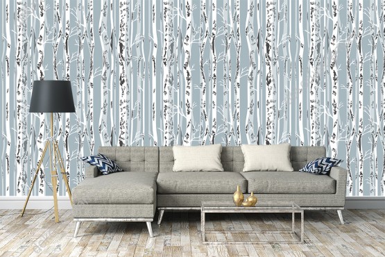 Wizualizacja tapety na ścianę do pokoju dziennego, sypialni, salonu, przedpokoju. Tapeta przedstawia las brzozowy, drzewa na szarym tle.