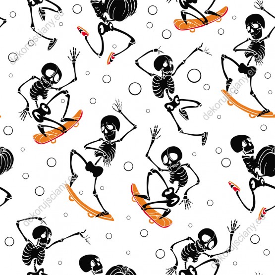 Wizualizacja tapety na ścianę do pokoju młodzieżowego. Tapeta z motywem szkieletów jeżdżących na deskorolkach skateboardowych.  Tapeta w czarnych i pomarańczowych kolorach, na białym tle 
