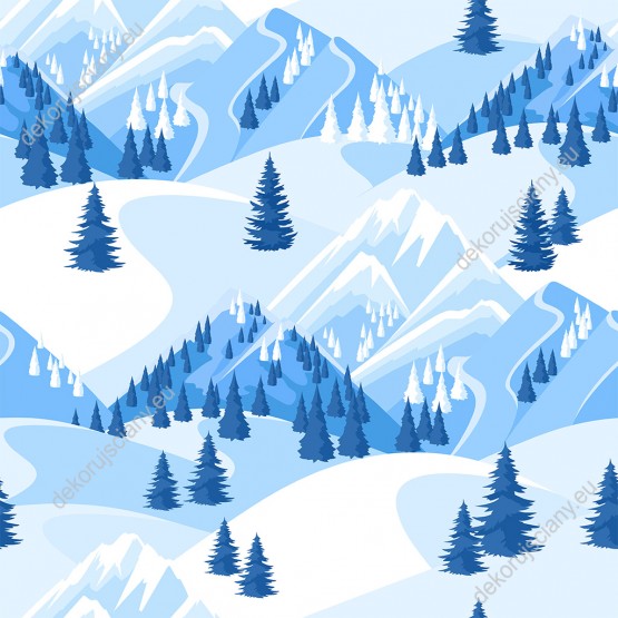 Wizualizacja tapety na ścianę do pokoju dziennego, sypialni, salonu. Tapeta przedstawia piękny, zimowy krajobraz z zaśnieżonymi górami i lasem jodłowym w niebieskich i białych barwach.