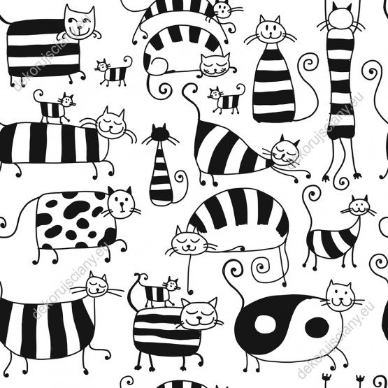 Wizualizacja tapety na ścianę do pokoju dziennego, dziecięcego, młodzieżowego, sypialni, salonu, przedpokoju. Czarno-biała tapeta przedstawia wesołe koty w paski.