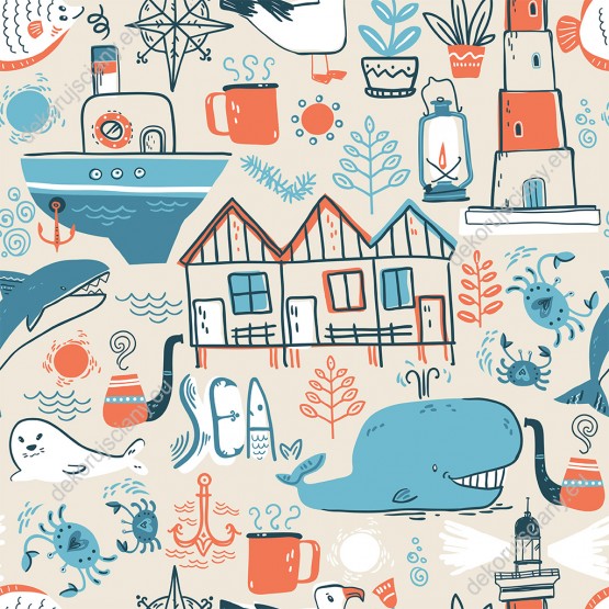 Wizualizacja tapety do pokoju dziecięcego. Tapeta w stylu skandynawskim przedstawia scenerię morza północnego z wielorybami, fokami, mewami, rakami, statkami i latarniami morskimi. 