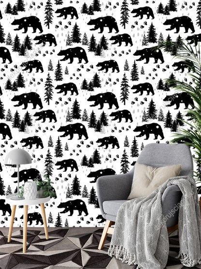 Wizualizacja tapety do pokoju dziennego, sypialni, salonu, przedpokoju, biura. Czarno-biała tapeta ze wzorem niedźwiedzi idących wśród leśnych drzew.