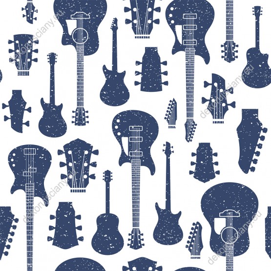 Wizualizacja tapety do pokoju dziennego,, młodzieżowego, sypialni. Tapera przedstawia niebieskie gitary w stylu retro, na białym tle.
