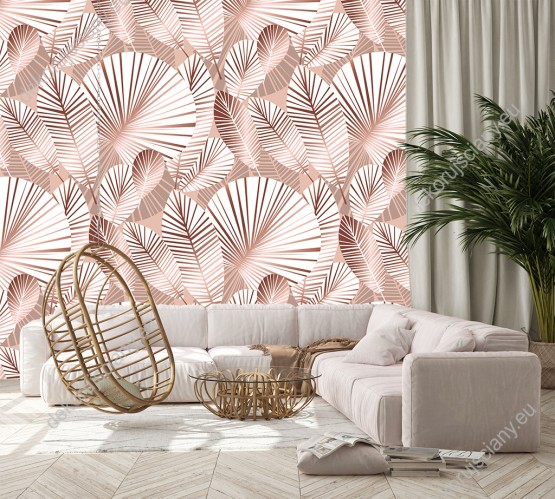 Wizualizacja tapety do pokoju dziennego, sypialni, salonu, przedpokoju. Tapeta w duże, eleganckie, różowe i białe egzotyczne liście.