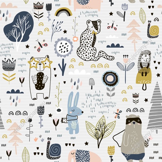 Wizualizacja tapety do pokoju dziecięcego. Tapeta przedstawia zwierzęta i leśną przyrodę, na jasnym tle.