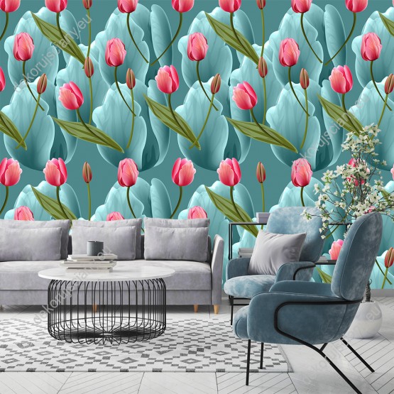 Wizualizacja tapety do pokoju sypialni, salonu, przedpokoju. Tapeta z modnym wzorem różowych kwiatów tulipanów, na turkusowym tle.