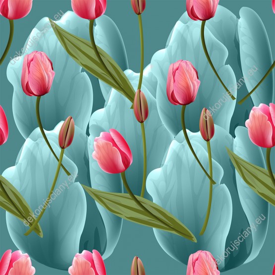 Wizualizacja tapety do pokoju sypialni, salonu, przedpokoju. Tapeta z modnym wzorem różowych kwiatów tulipanów, na turkusowym tle.