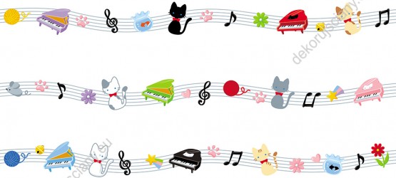 Wizualizacja tapety do pokoju dziecięcego. Tapeta z kotkami i kolorowymi elementami muzycznymi na pięciolinii, na białym tle.