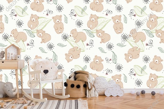 Wizualizacja tapety do pokoju dziecięcego. Tapeta z uroczymi niedźwiadkami, ptaszkami i liśćmi, na białym tle.