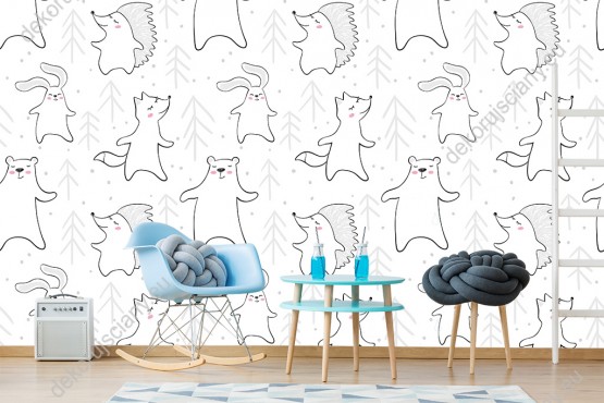 Wizualizacja tapety do pokoju dziecięcego. Tapeta z tańczącymi leśnymi zwierzętami, na białym tle.