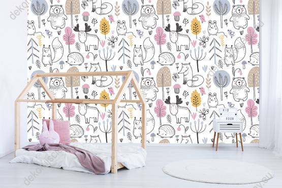 Wizualizacja tapety do pokoju dziecięcego. Tapeta z dzikimi zwierzętami w lesie z pastelowymi drzewami, na białym tle.