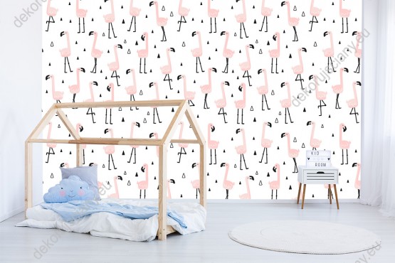 Wizualizacja tapety do pokoju dziecięcego. Tapeta w stylu skandynawskim ze stadem różowych flamingów na białym tle.