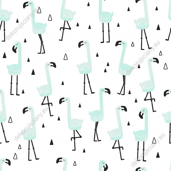 Wzornik tapety do pokoju dziecięcego. Tapeta w stylu skandynawskim ze stadem zielonych flamingów na białym tle.