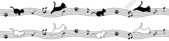 Wizualizacja tapety do pokoju dziecięcego i młodzieżowego. Tapeta w czarne i białe koty biegnące po muzycznej pięciolinii, na białym tle.