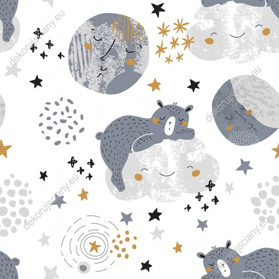 Wizualizacja tapety do pokoju dziecięcego. Tapeta z misiami śpiącymi na chmurach wśród księżyca i gwiazd.
