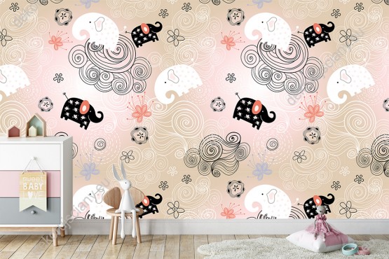 Wizualizacja tapety na ścianę do pokoju dziecięcego i sypialni. Tapeta w czarne i białe słonie, na kwiatowych chmurkach, na beżowym tle.