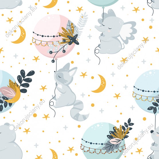 Wizualizacja tapety do pokoju dziecięcego. Tapeta przedstawia śpiące zwierzęta latające wśród gwiazd.