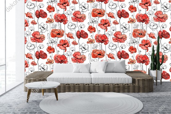 Wizualizacja tapety do pokoju dziennego, sypialni, salonu, przedpokoju, biura, kuchni. Tapeta przedstawia wiosenne, czerwone kwiaty maków, na białym tle.