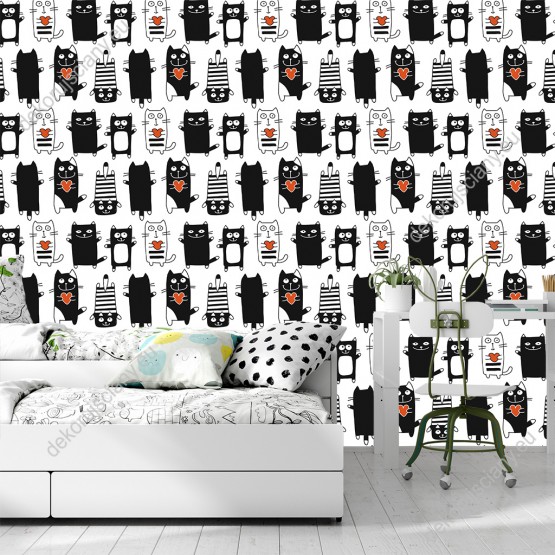 Wizualizacja tapety do pokoju dziennego, dziecięcego, młodzieżowego, sypialni. Tapeta przedstawia wesołe, czarno-białe koty z sercami.