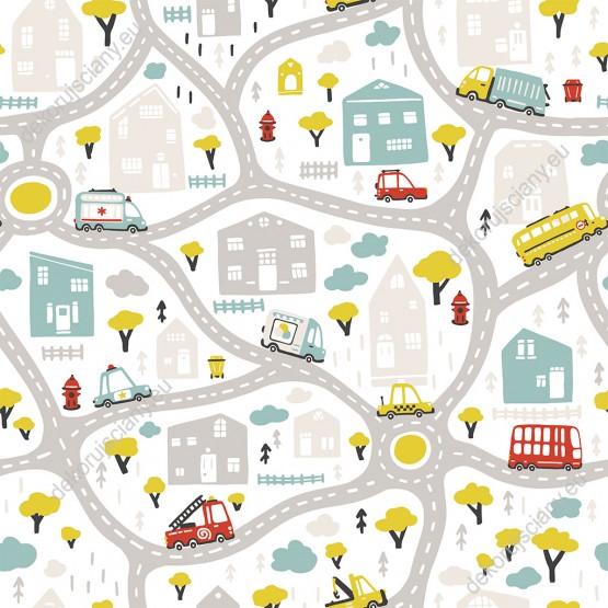 Wizualizacja tapety do pokoju dziecięcego. Tapeta w stylu skandynawskim przedstawiająca mapę miasta, drogi, samochody i budynki miejskie. 