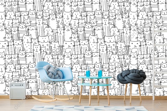 Wizualizacja tapety do pokoju dziennego, dziecięcego, młodzieżowego, sypialni. Czarno-biała tapeta ze wzorem wesołych kotów.