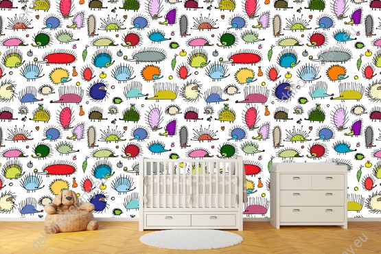 Wizualizacja tapety do pokoju dziecięcego w śmieszne, kolorowe jeże, na białym tle.