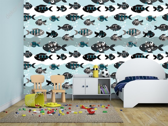 Wizualizacja tapety do pokoju dziecięcego. Tapeta z czarno-niebieskimi i szarymi rybkami pływającymi w morzu.